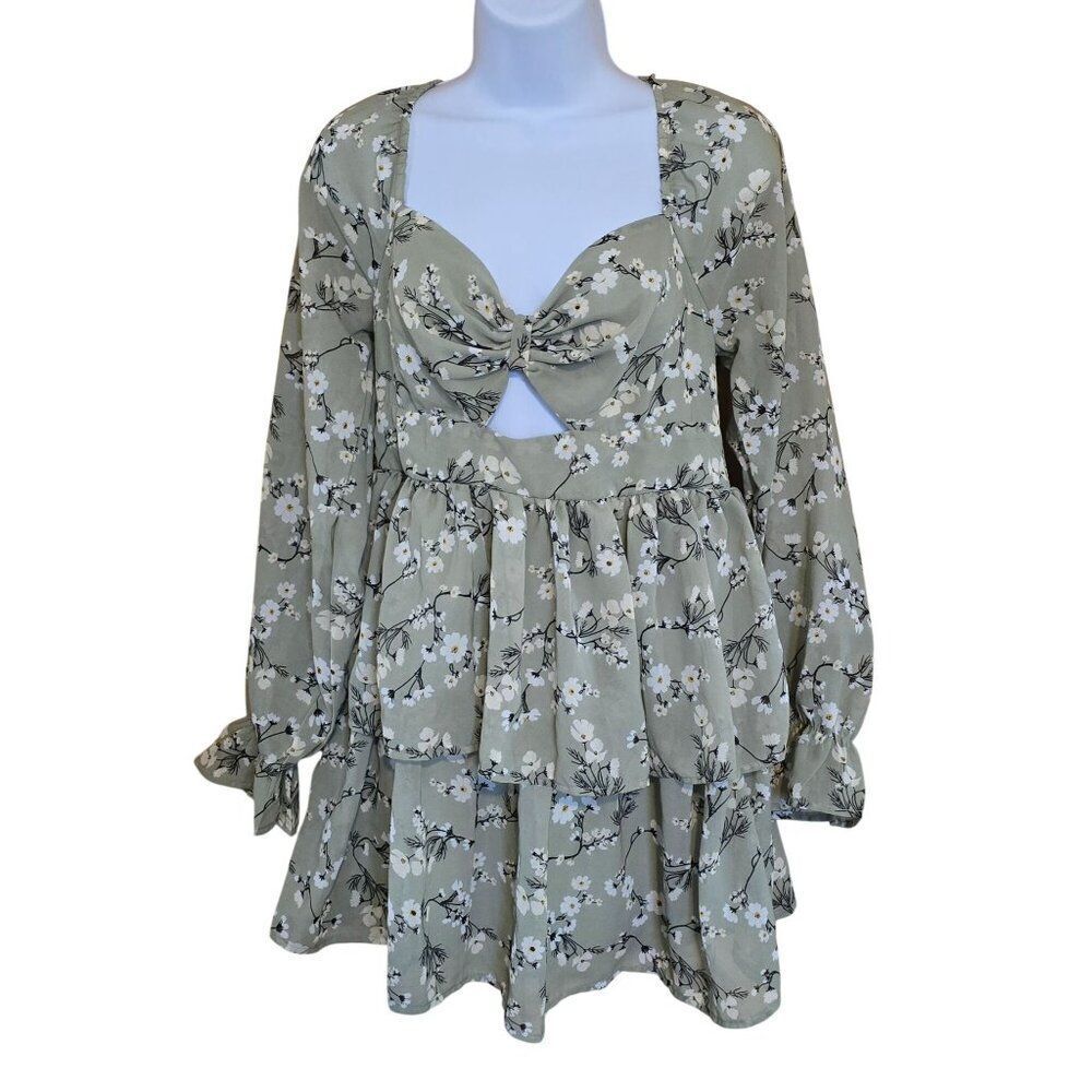 Green Floral Long Sleeve Boho Dress Cute Tiered peasant cottagecore flower power